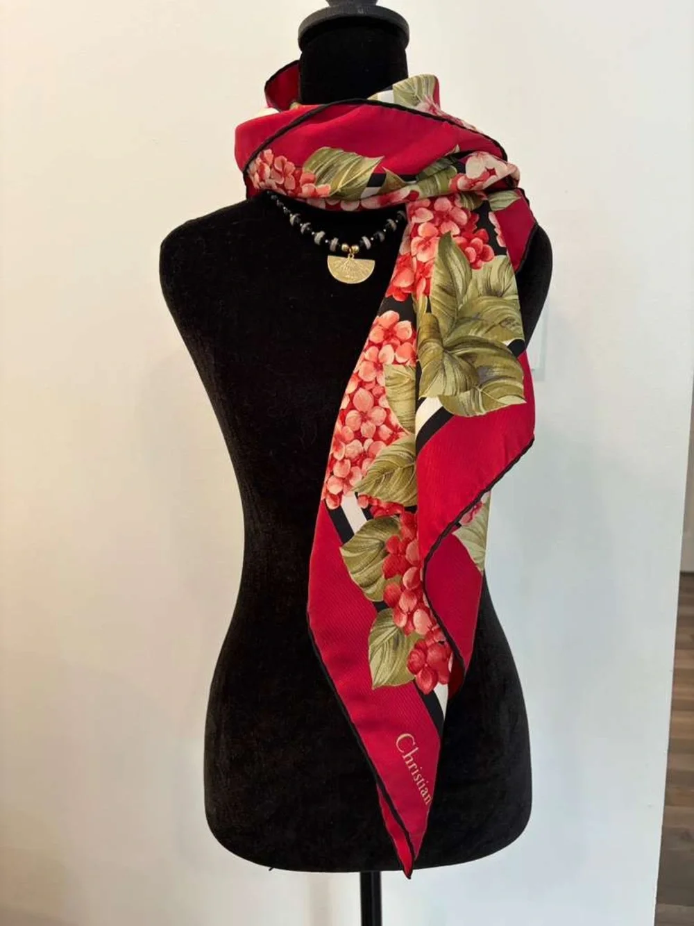 Dior Silk Scarf Red Black Floral Hand Rolled